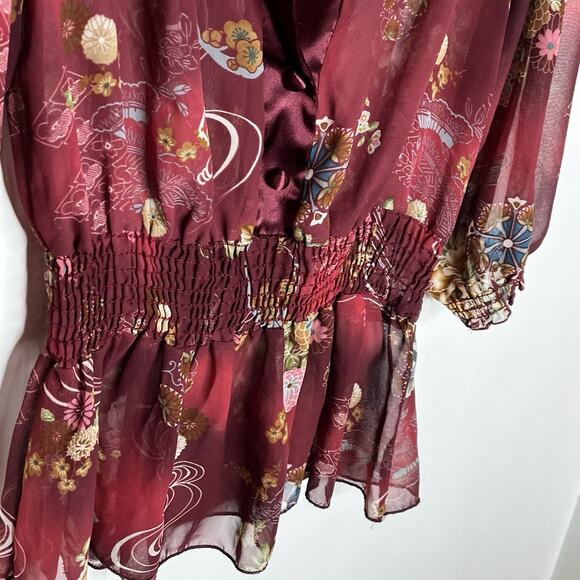 Wet Seal Y2K Babydoll Top Womens M Japanese Floral Sheer Chiffon Boho Ruffled - Picture 2 of 5